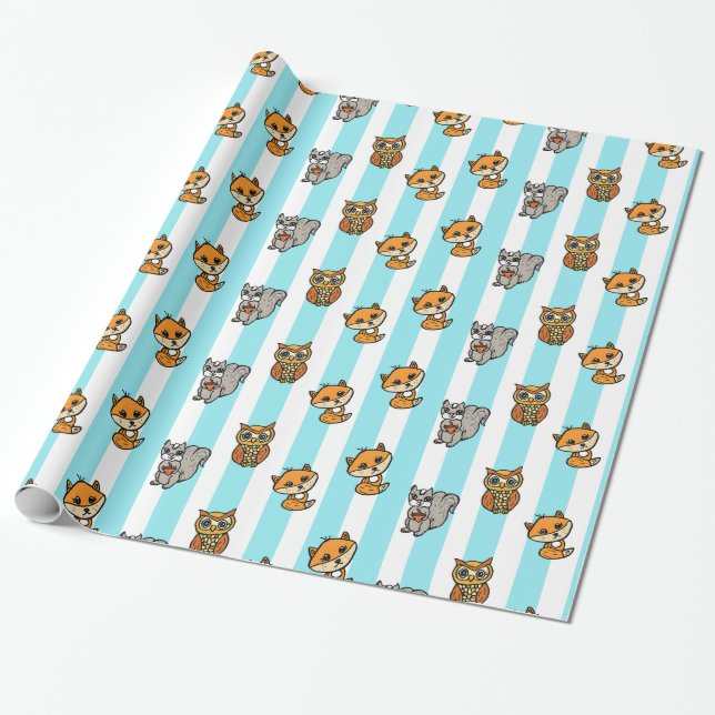 Woodland Creatures Fox, Squirrel and Owl Blue Wrapping Paper (Unrolled)