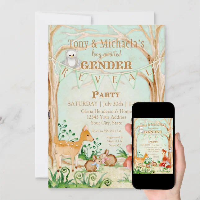 Woodland Creatures Gender Reveal Deer Fox Owl Invitation | Zazzle