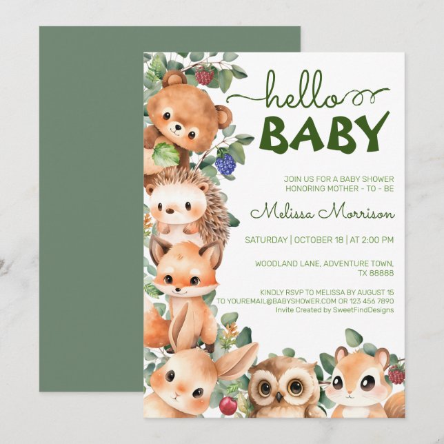 Woodland Creatures Hello Baby Boy Shower Invitation (Front/Back)