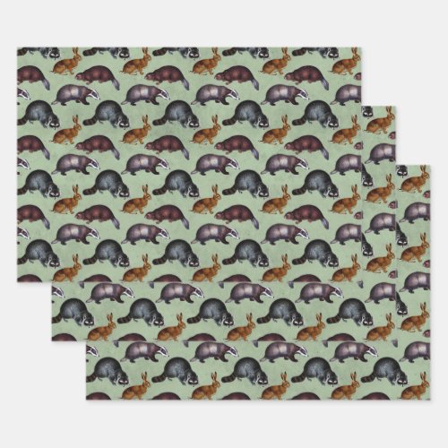 Woodland Creatures on Green Wrapping Paper Sheets