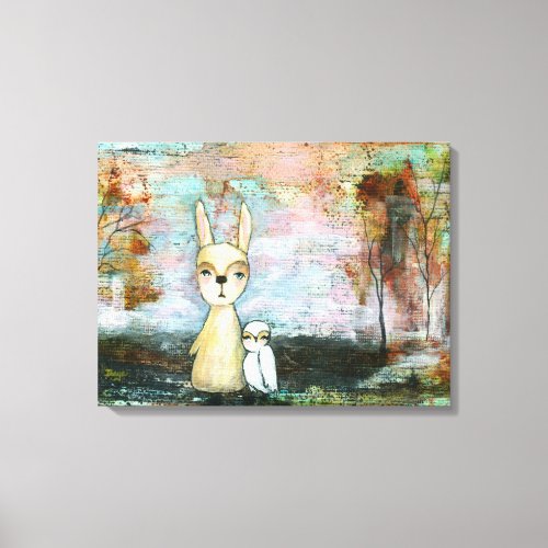 Woodland Creatures Rabbit Owl Whimsical Animal Art Canvas Print