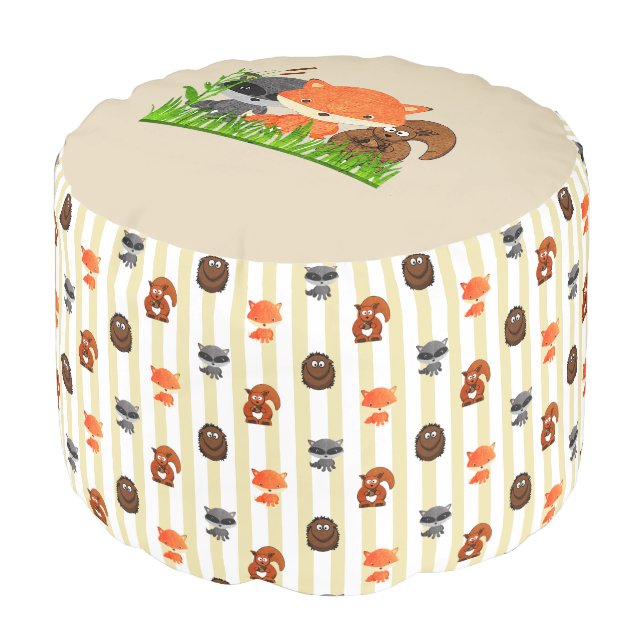 Woodland Creatures Tan Baby Boy Pouf (Angled Front)