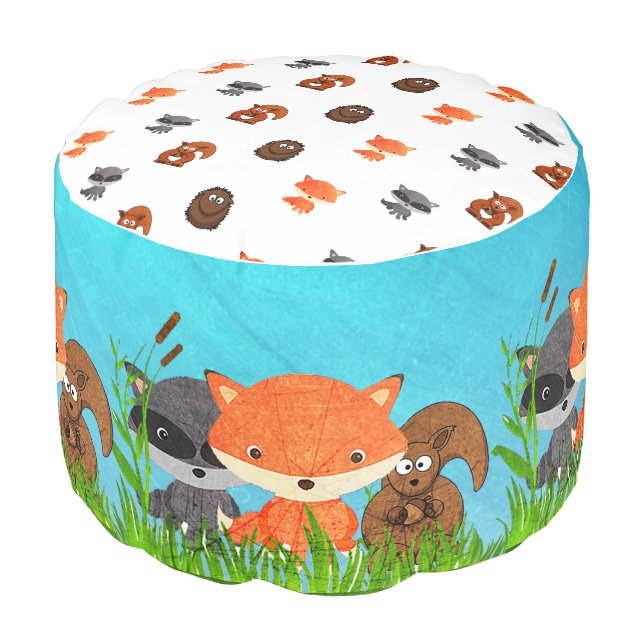 Woodland Creatures Tan Baby Boy Pouf (Angled Front)