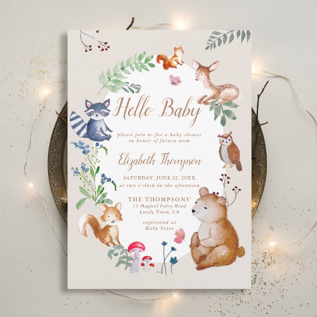 Woodland Critters Enchanted Wildflower Baby Shower Invitation (woodland baby shower invitation enchanted woods forest bear fox deer blue wildflowers earthy magic)