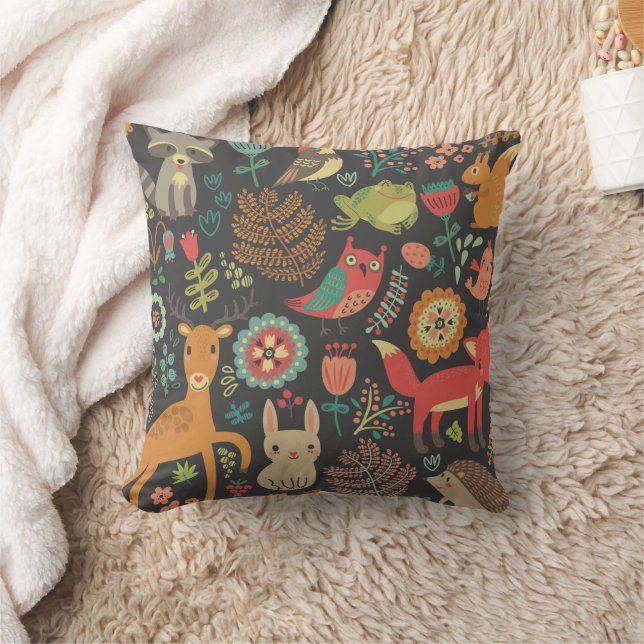 Woodland Critters Folk Art Throw Pillow (Blanket)