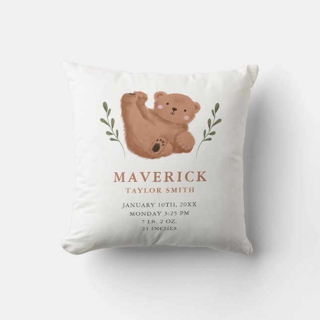 Woodland Cub Bear Birth Stats Nursery Throw Pillow (Front)