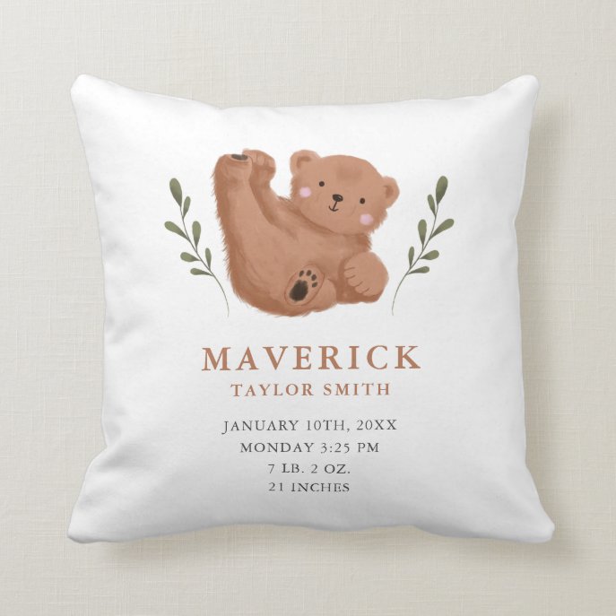 Woodland Cub Bear Birth Stats Nursery Throw Pillow