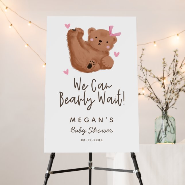 Woodland Cub Bear Girl Baby Shower Welcome Sign (In Situ (Stand))