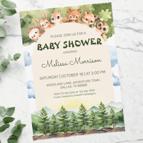 Woodland Curious Animals Baby Boy Shower Invitation