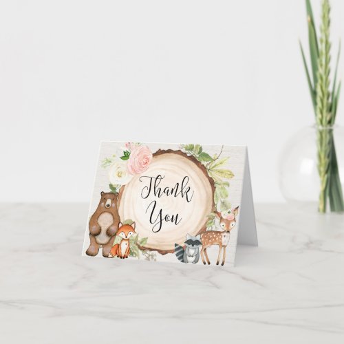 Woodland cute animals blush pink floral rustic thank you card