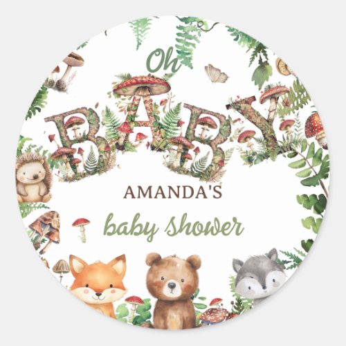 Woodland Cute Animals Greenery Baby Shower  Classic Round Sticker