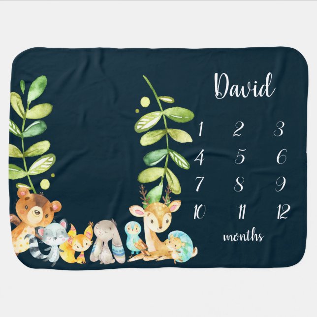 Woodland Cute Animals Milestone Blanket Boy (Horizontal)