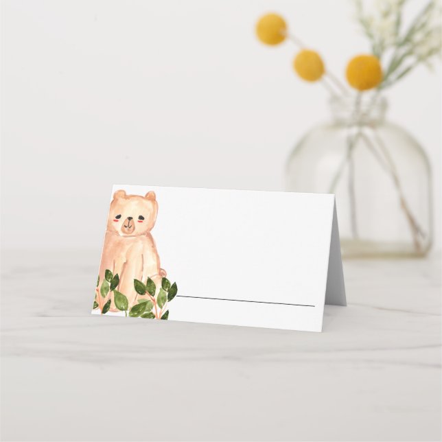 Woodland cute baby bear floral place card (Front)