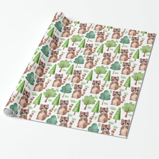 Woodland Cute Cartoon Raccoon Forest Animal  Wrapping Paper (Unrolled)