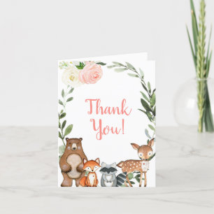 Woodland cute forest animals friends pink greenery letterpress thank you card