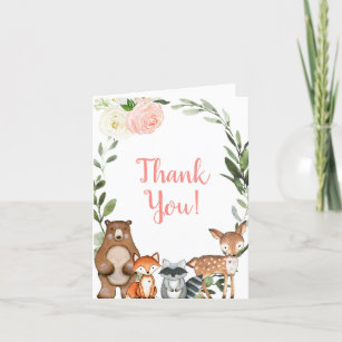 Woodland cute forest animals friends pink greenery thank you card