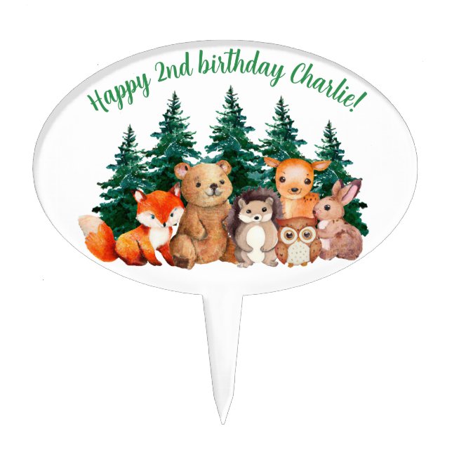 Woodland Cute Forest Animals Happy 2nd Birthday Cake Topper (Front)