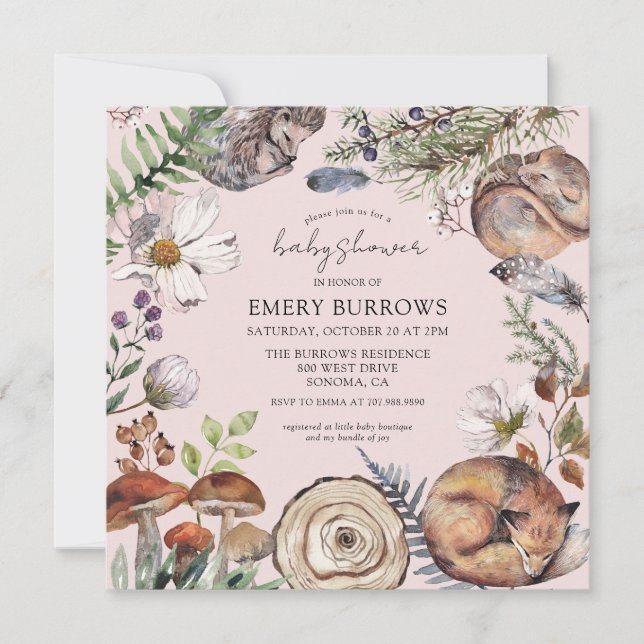Woodland Cute Forest Animals Pink Girl Baby Shower Invitation (Front)