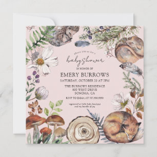 Woodland Cute Forest Animals Pink Girl Baby Shower Invitation