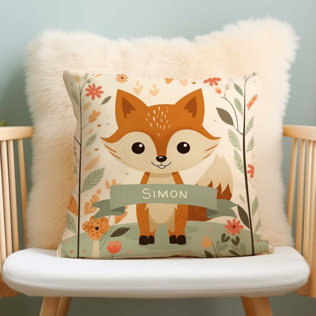 Woodland Cute Fox, Baby Animals, Personalized Name Throw Pillow (Gender Neutral Woodland Fox Nursery Pillow, personalized with name.)