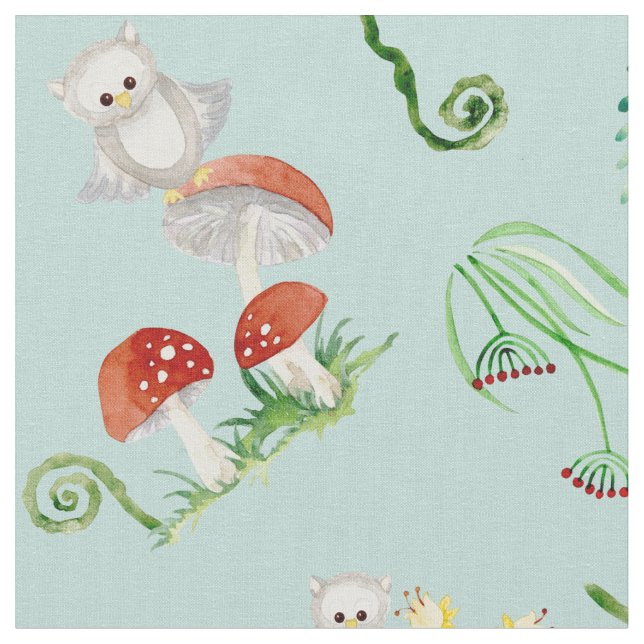 Woodland Cute Owl Foliage Mushrooms Baby Nursery Fabric (Close Up)