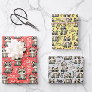 Woodland Cute Raccoon Happy Birthday Wrapping Paper Sheets