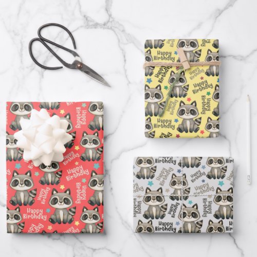 Woodland Cute Raccoon Happy Birthday Wrapping Paper Sheets