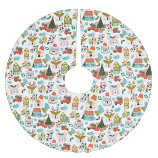 Woodland Cute Santa Animals White Brushed Polyester Tree Skirt