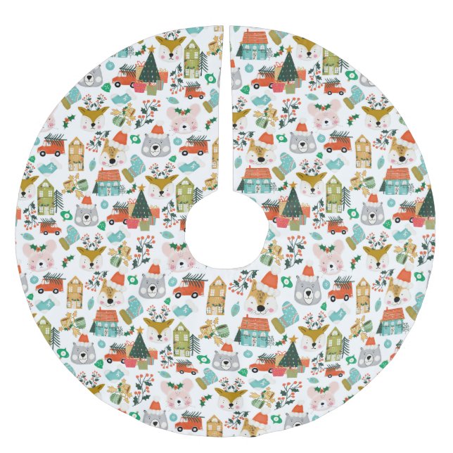 Woodland Cute Santa Animals White Brushed Polyester Tree Skirt (Front)
