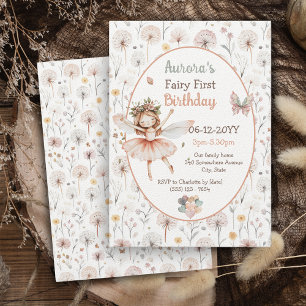 Woodland Dandelion watercolor Fairy First birthday Invitation