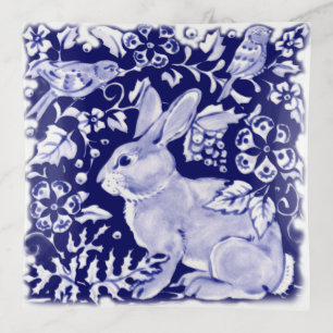Woodland Dark Blue Rabbit Bird Floral Delft Dedham Trinket Tray