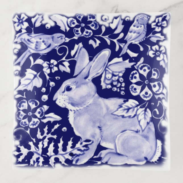 Woodland Dark Blue Rabbit Bird Floral Delft Dedham Trinket Tray (Front)