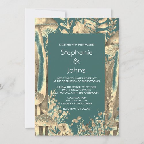 Woodland Dark Teal Gold Mushrooms Elegant Wedding Invitation