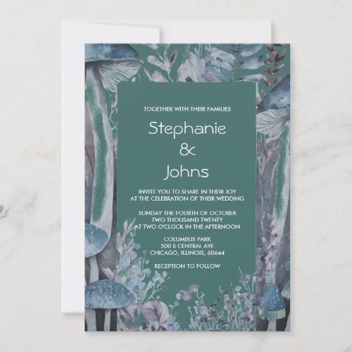 Woodland Dark Teal Green Blue Mushrooms Wedding Invitation