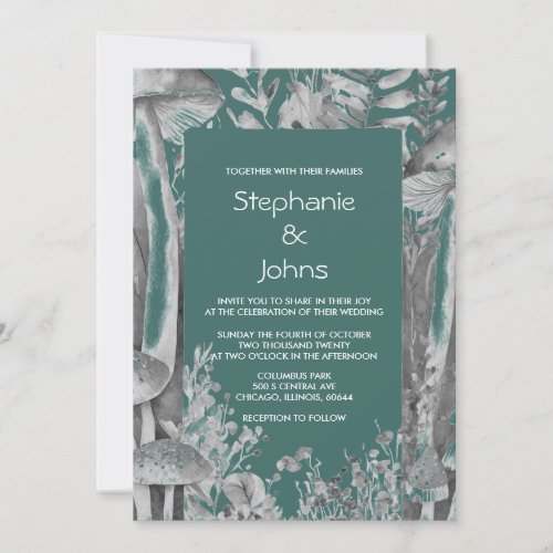 Woodland Dark Teal Grey Mushrooms Artsy Wedding Invitation