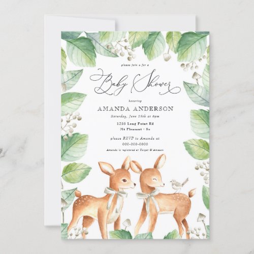 Woodland Dear Girl Greenery Neutral Baby Shower Invitation