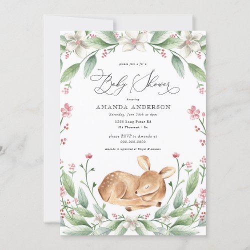 Woodland Dear Girl Greenery Pink Baby Shower Invitation