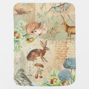 Woodland Decoupage Forest Wildlife Deer, rabbit Baby Blanket