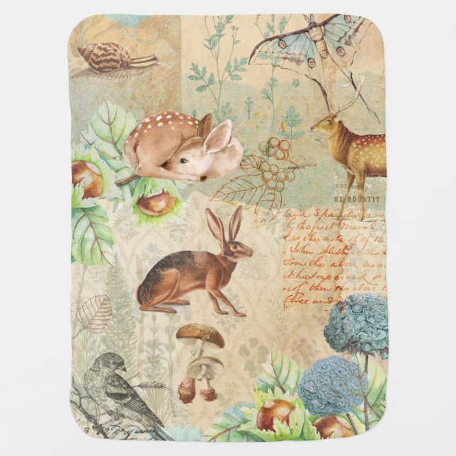 Woodland Decoupage Forest Wildlife Deer, rabbit Baby Blanket (Front)