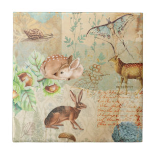 Woodland Decoupage Forest Wildlife Deer, rabbit Ceramic Tile