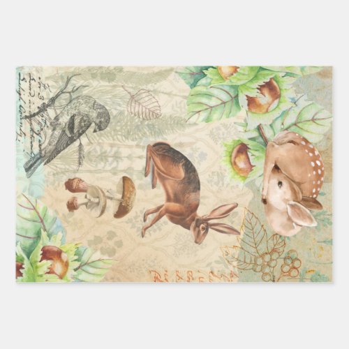 Woodland Decoupage Forest Wildlife Deer rabbit Me Wrapping Paper Sheets