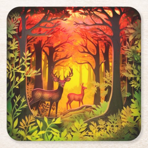 Woodland Deer and Fawn Square Paper Coaster