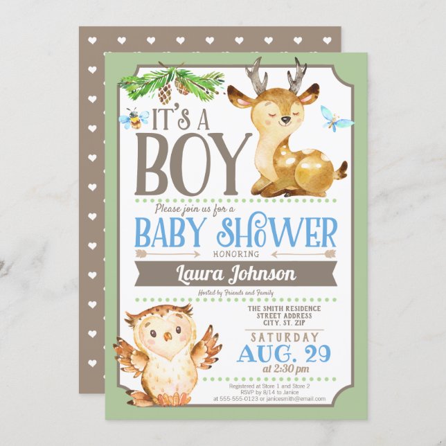 Woodland Deer and Owl Boy Baby Shower Invitation (Front/Back)