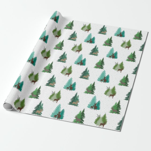 Woodland Deer and Pine Trees Pattern Wrapping Paper (Unrolled)