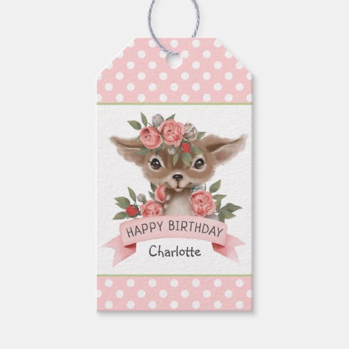 Woodland Deer and Polka Dots Girls Birthday Party Gift Tags