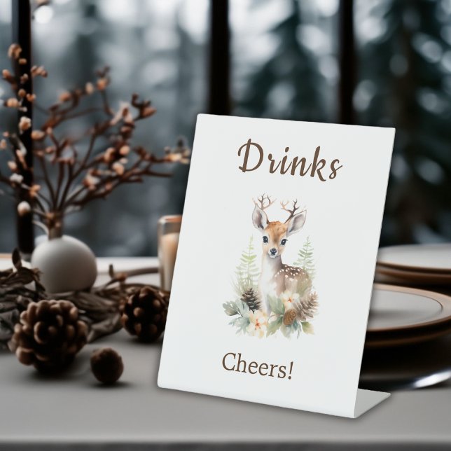 Woodland Deer Animal Baby Shower Drinks Pedestal Sign (Winter Deer Gender Neutral Baby Shower Drinks Pedestal Sign)