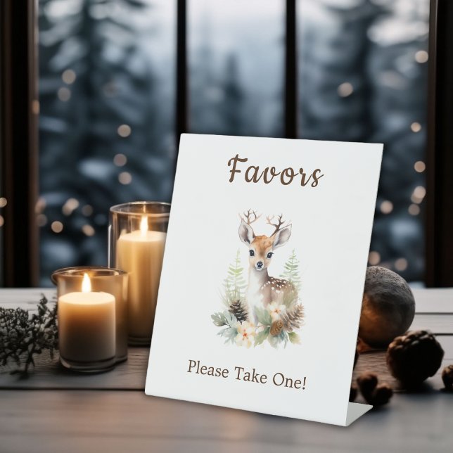 Woodland Deer Animal Baby Shower Favors Pedestal Sign (Winter Deer Gender Neutral Baby Shower Favors Pedestal Sign)