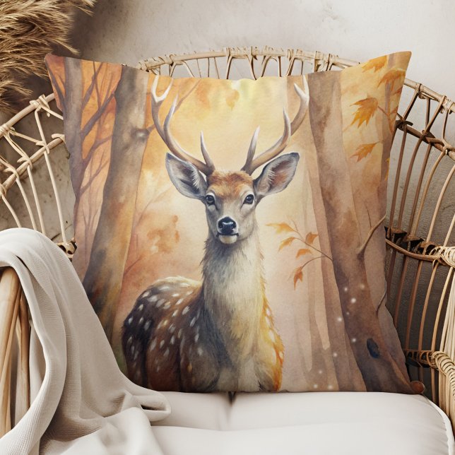 Woodland Deer Autumn – Nature-Inspired Fall Decor Throw Pillow (Woodland Deer Autumn – Nature-Inspired Fall Decor Throw Pillow in a boho rattan armchair)