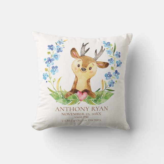 Woodland Deer Baby Birth Stats Pillow (Front)