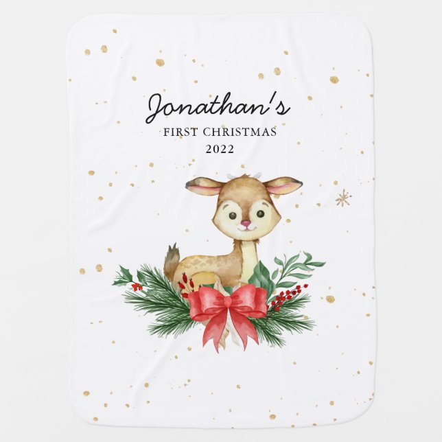 Woodland Deer Baby First Christmas Baby Blanket (Front)
